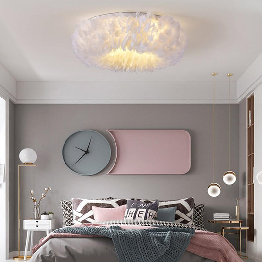 Round Feathers LED Nordic Ceiling Light Flush Mount Chandelier