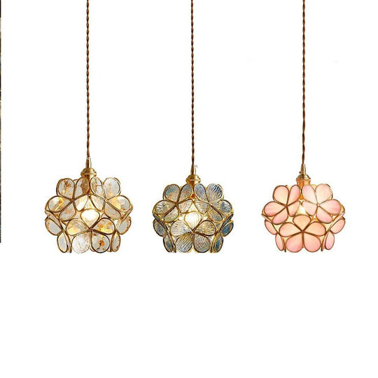 Flower Patterned Modern Glass Copper Pendant Light