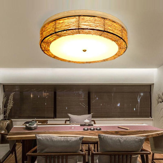 Compact Flush Mount Lighting Covered In Burlywood Wicker