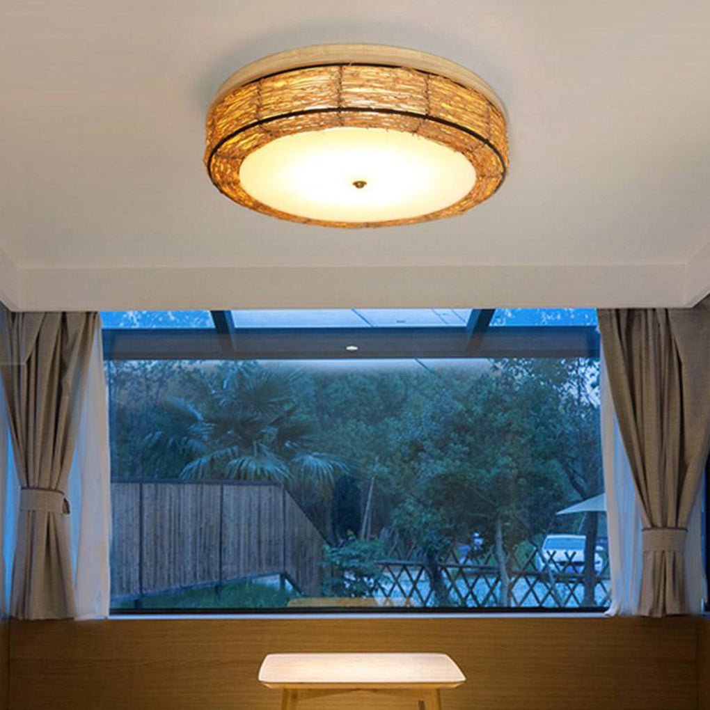 Compact Flush Mount Lighting Covered In Burlywood Wicker