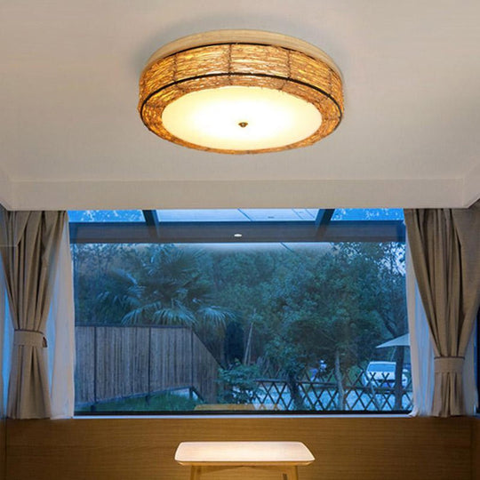 Compact Flush Mount Lighting Covered In Burlywood Wicker