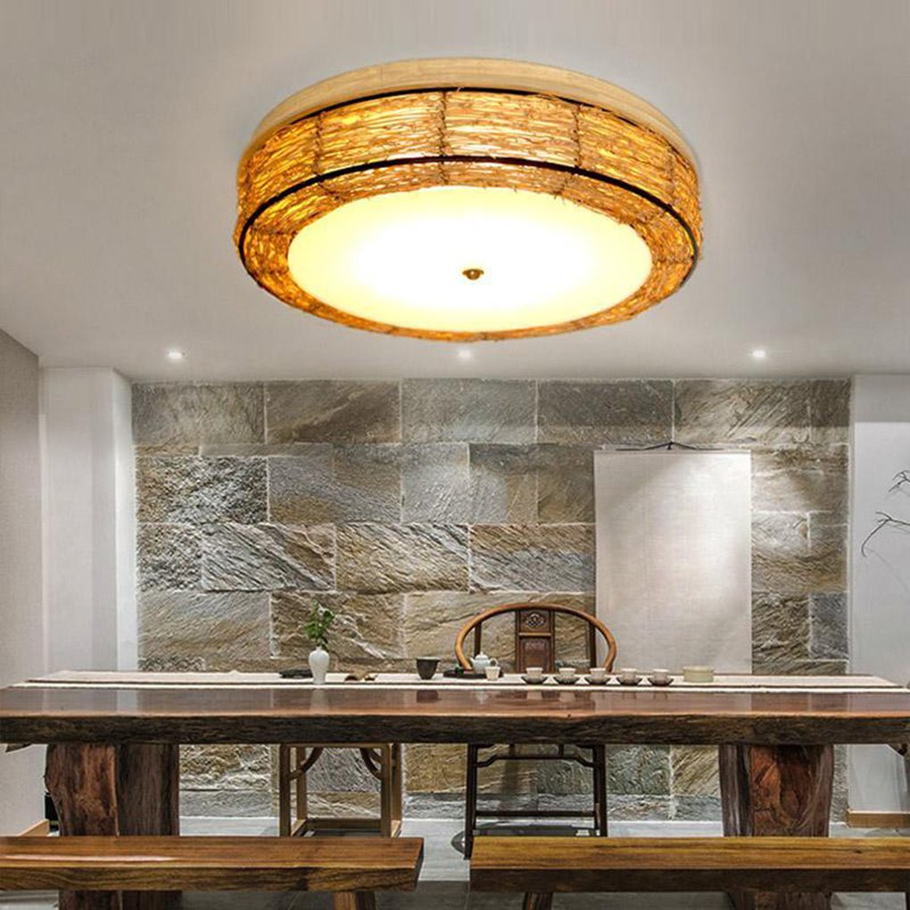 Compact Flush Mount Lighting Covered In Burlywood Wicker