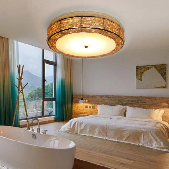 Compact Flush Mount Lighting Covered In Burlywood Wicker