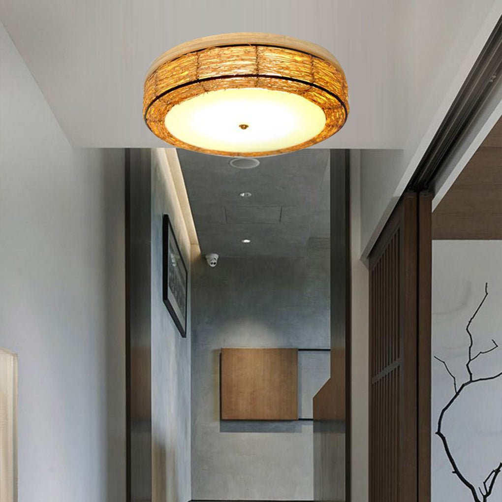 Compact Flush Mount Lighting Covered In Burlywood Wicker