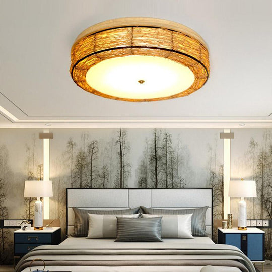 Compact Flush Mount Lighting Covered In Burlywood Wicker