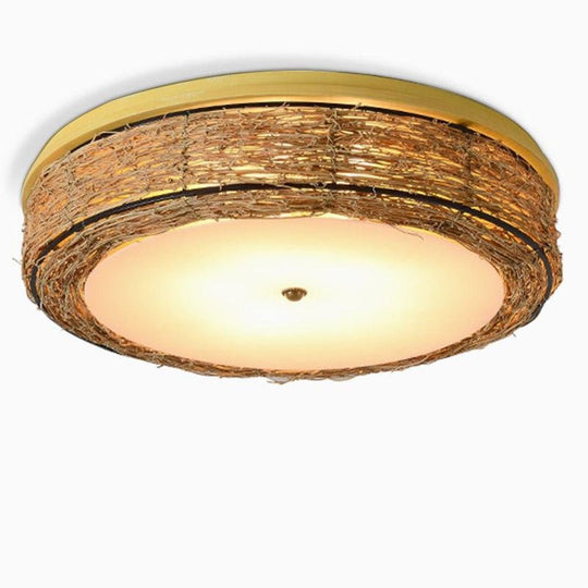 Compact Flush Mount Lighting Covered In Burlywood Wicker