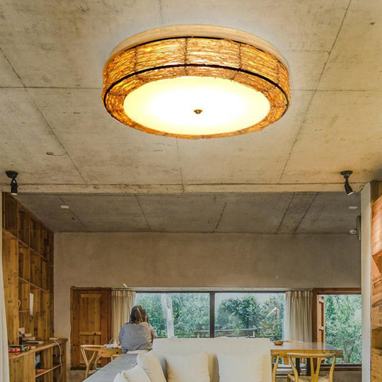 Compact Flush Mount Lighting Covered In Burlywood Wicker