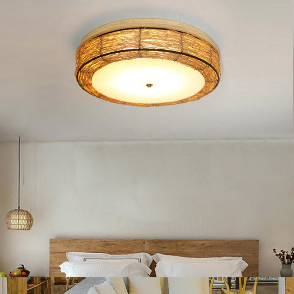 Compact Flush Mount Lighting Covered In Burlywood Wicker