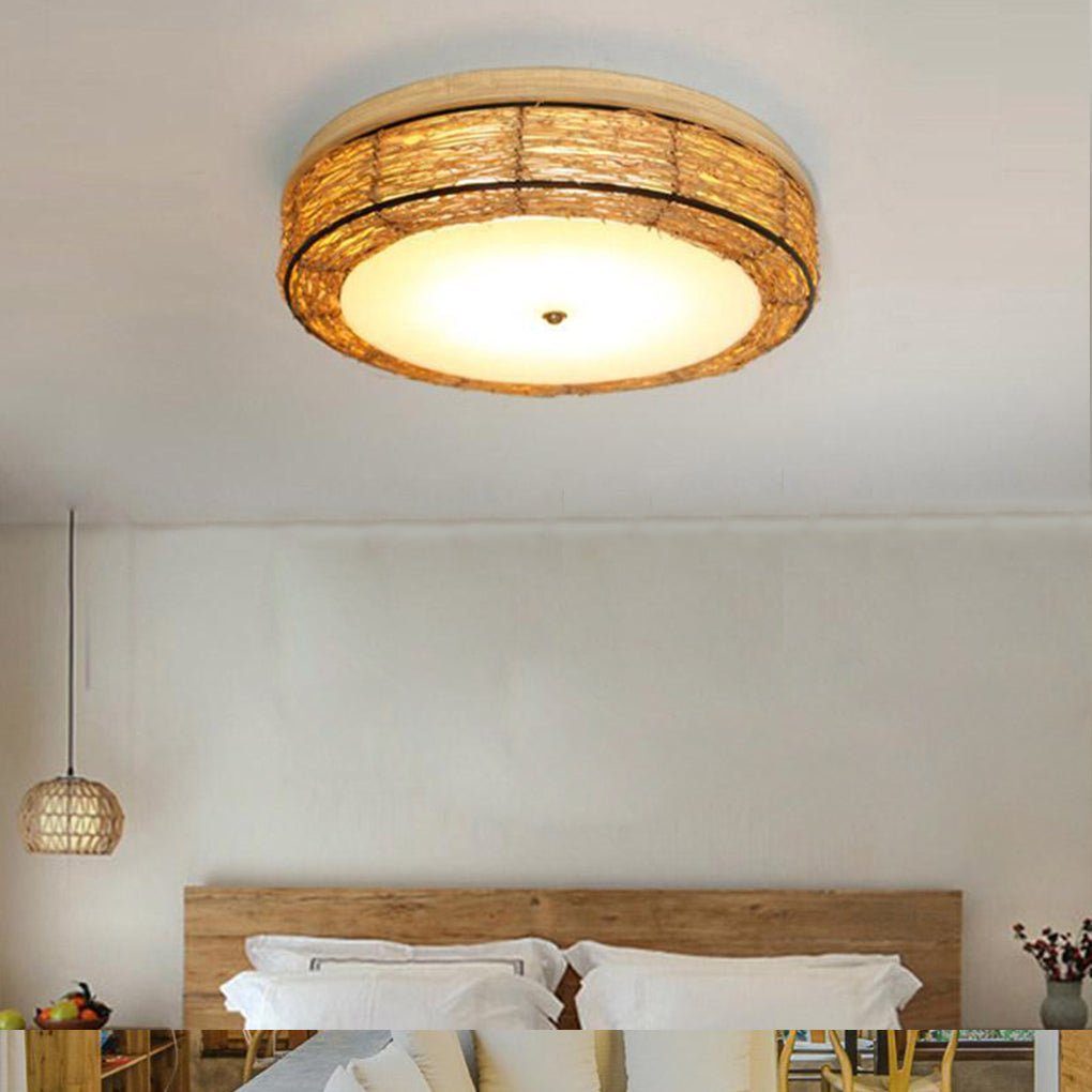 Compact Flush Mount Lighting Covered In Burlywood Wicker