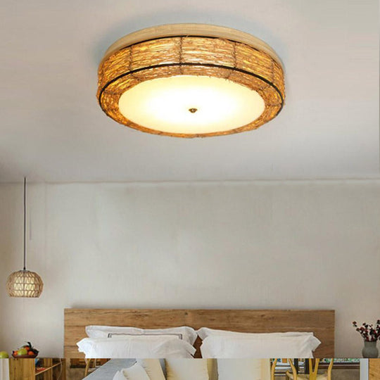 Compact Flush Mount Lighting Covered In Burlywood Wicker