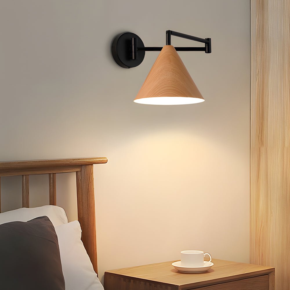 Cone Shaped Swing Arm Wall Sconces – 1-Light Wood Wall Mount Light
