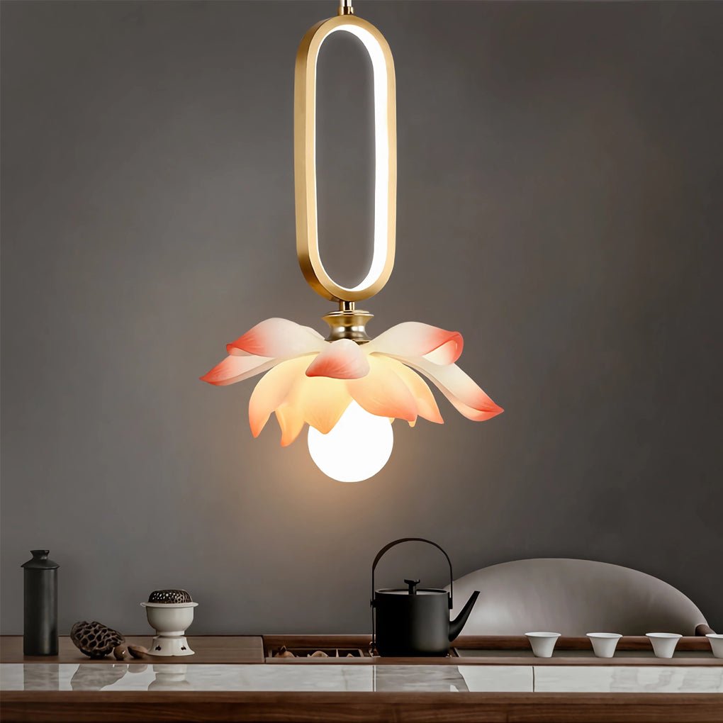 Creative Lotus Flowers Luminous Copper Oval Ring LED Modern Pendant Light