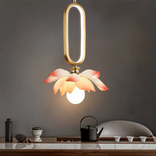 Creative Lotus Flowers Luminous Copper Oval Ring LED Modern Pendant Light