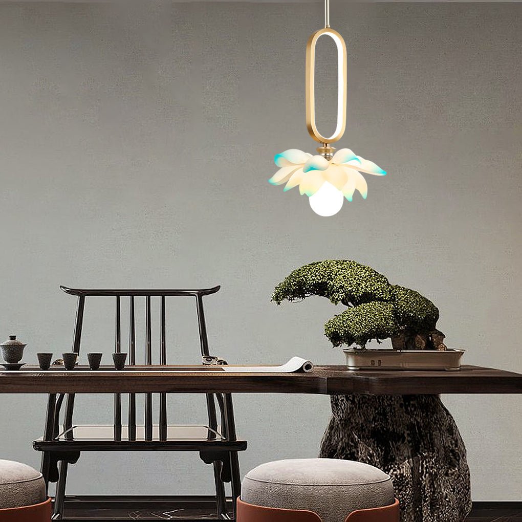 Creative Lotus Flowers Luminous Copper Oval Ring LED Modern Pendant Light