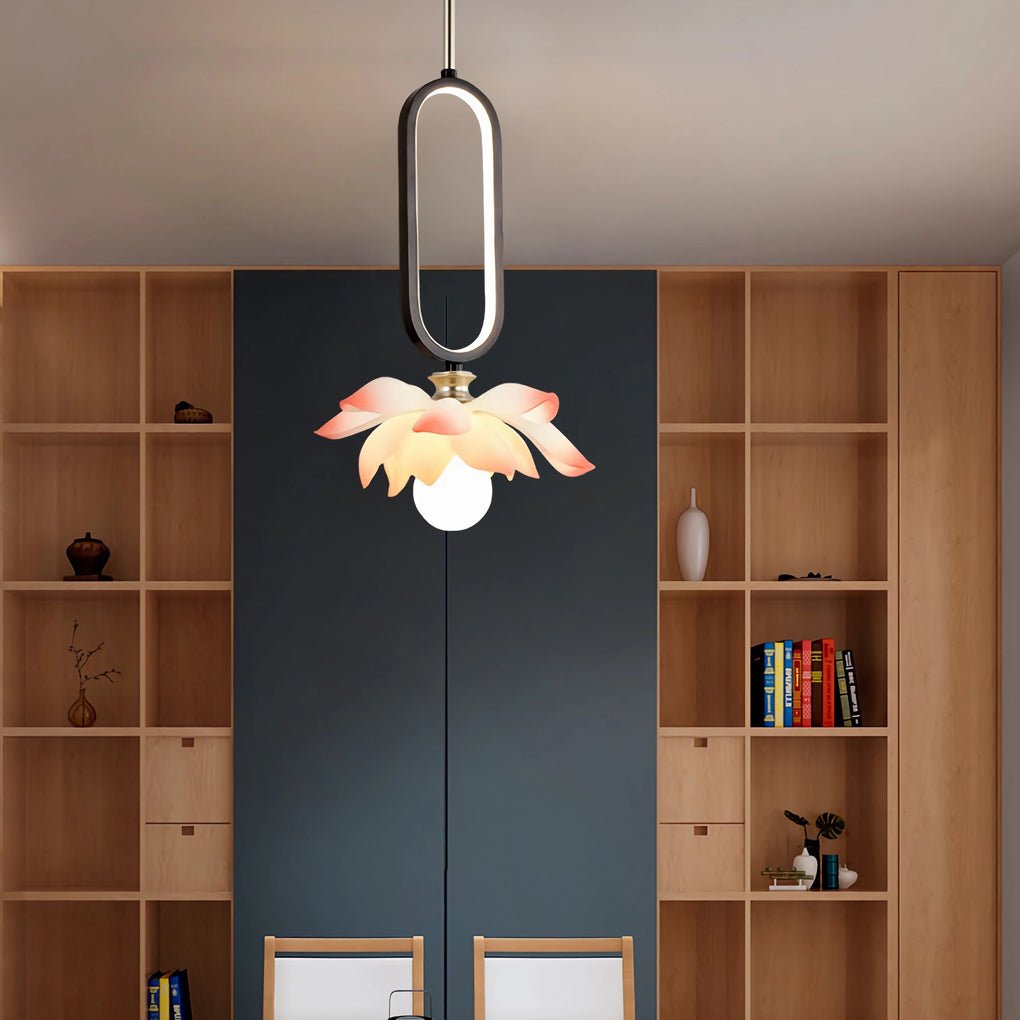 Creative Lotus Flowers Luminous Copper Oval Ring LED Modern Pendant Light
