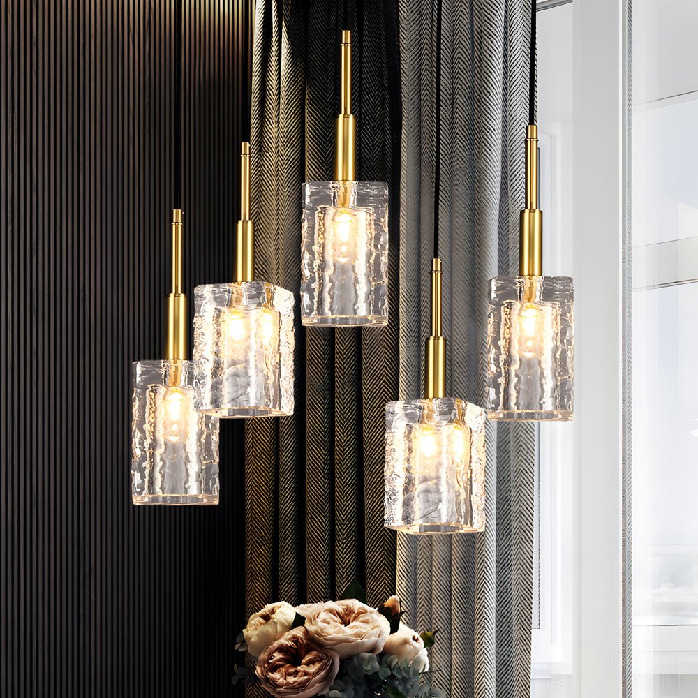 Crystal Cube Brass Pendant Light – 1-Light Modern Copper Rod Fixture