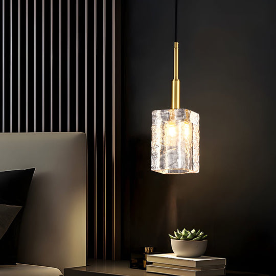 Crystal Cube Brass Pendant Light – 1-Light Modern Copper Rod Fixture