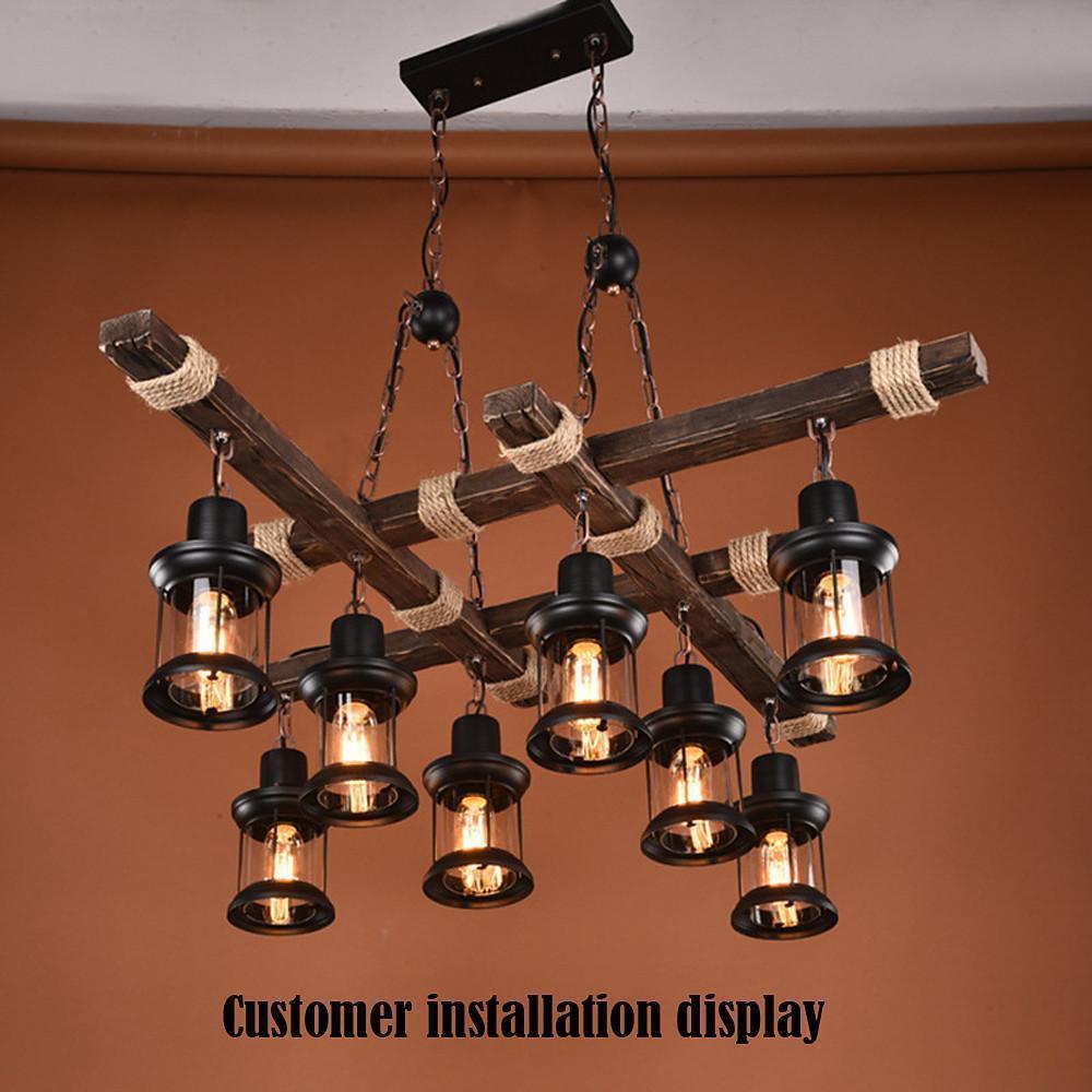 Vintage Wood and Glass LED Farmhouse Pendant Chandelier with 8 Lights