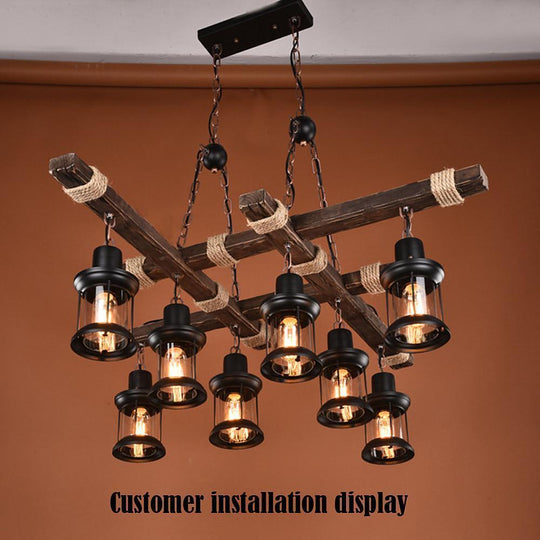 Vintage Wood and Glass LED Farmhouse Pendant Chandelier with 8 Lights
