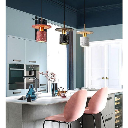 Terrazzo Inspired Cement Cylinder LED Pendant Light Modern Island Lighting
