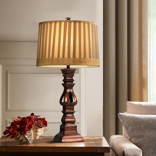 Antique Rustic Tower Table Lamp with Stripe Drum Shade