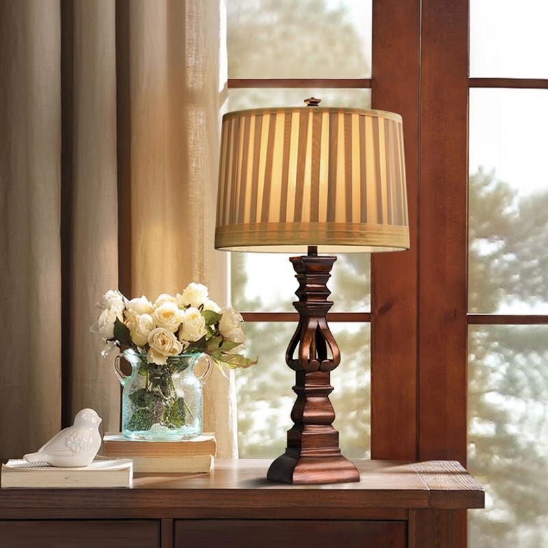 Antique Rustic Tower Table Lamp with Stripe Drum Shade