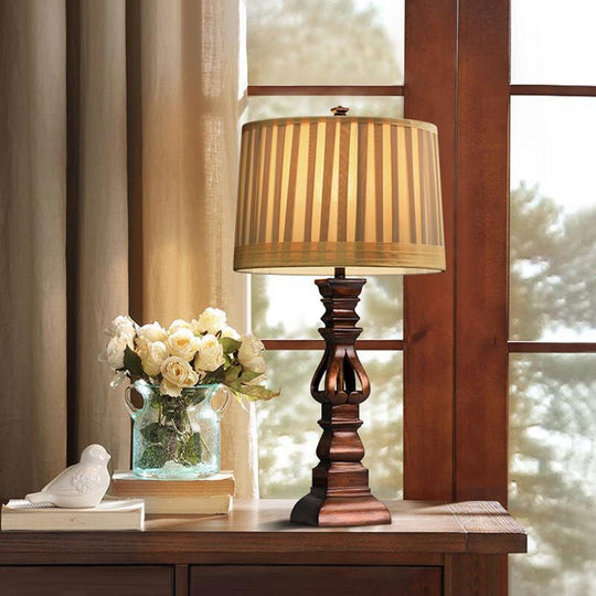 Antique Rustic Tower Table Lamp with Stripe Drum Shade
