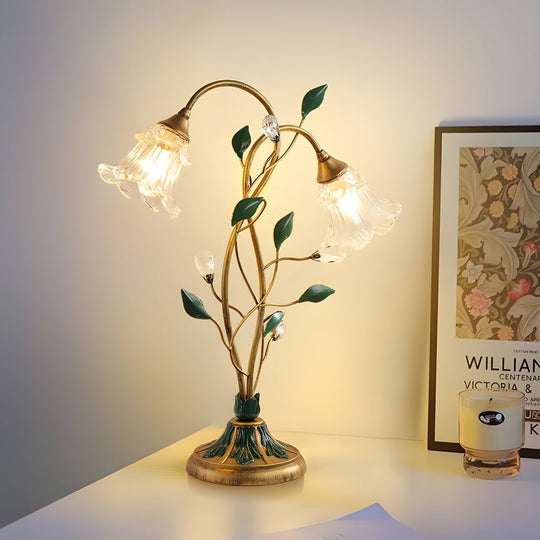 Dimmable Glass Floral Desk Lamp with Dual Lights and Leaf Accents