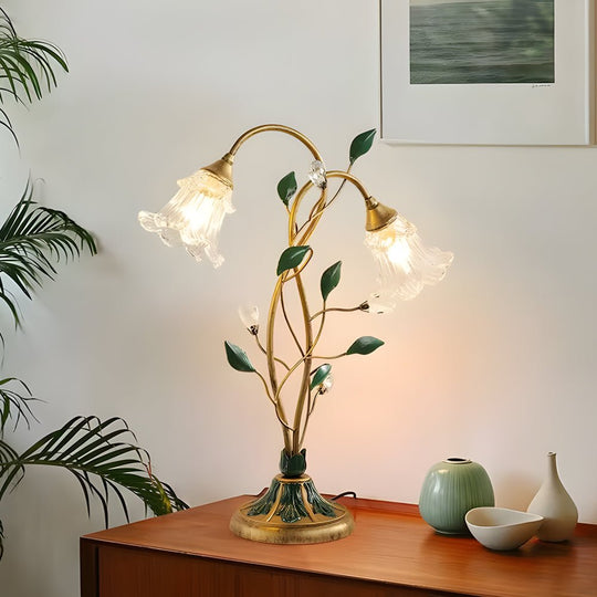 Dimmable Glass Floral Desk Lamp with Dual Lights and Leaf Accents