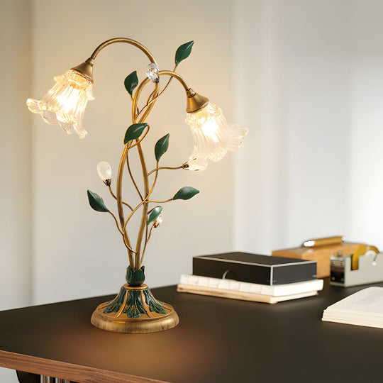 Dimmable Glass Floral Desk Lamp with Dual Lights and Leaf Accents