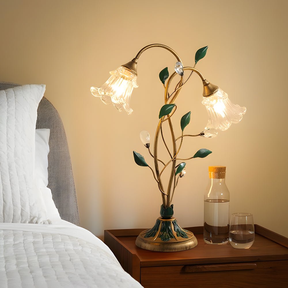 Dimmable Glass Floral Desk Lamp with Dual Lights and Leaf Accents