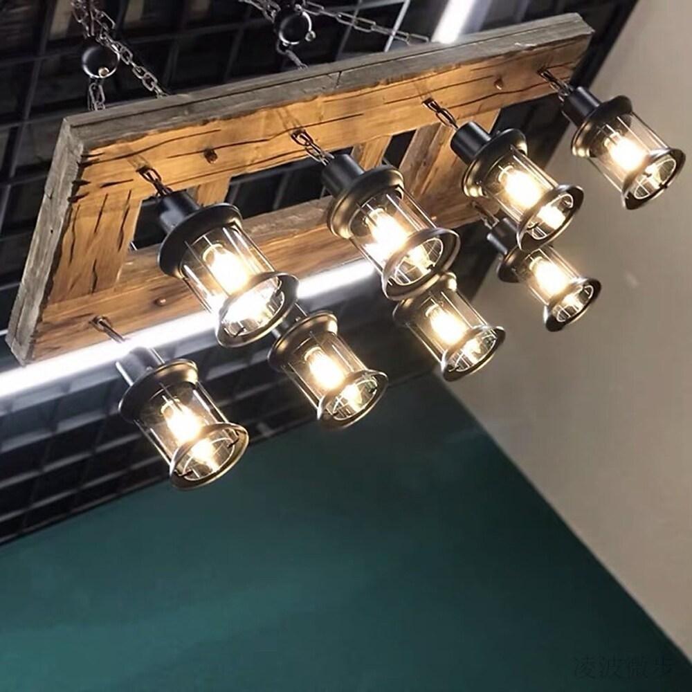 8 Light Vintage Rustic Wooden Chandelier Lantern LED Farmhouse Hanging Lamp