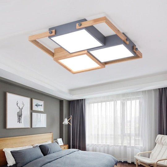 Modern Scandinavian LED Flush Mount Ceiling Light with Wooden Frames for Bedroom