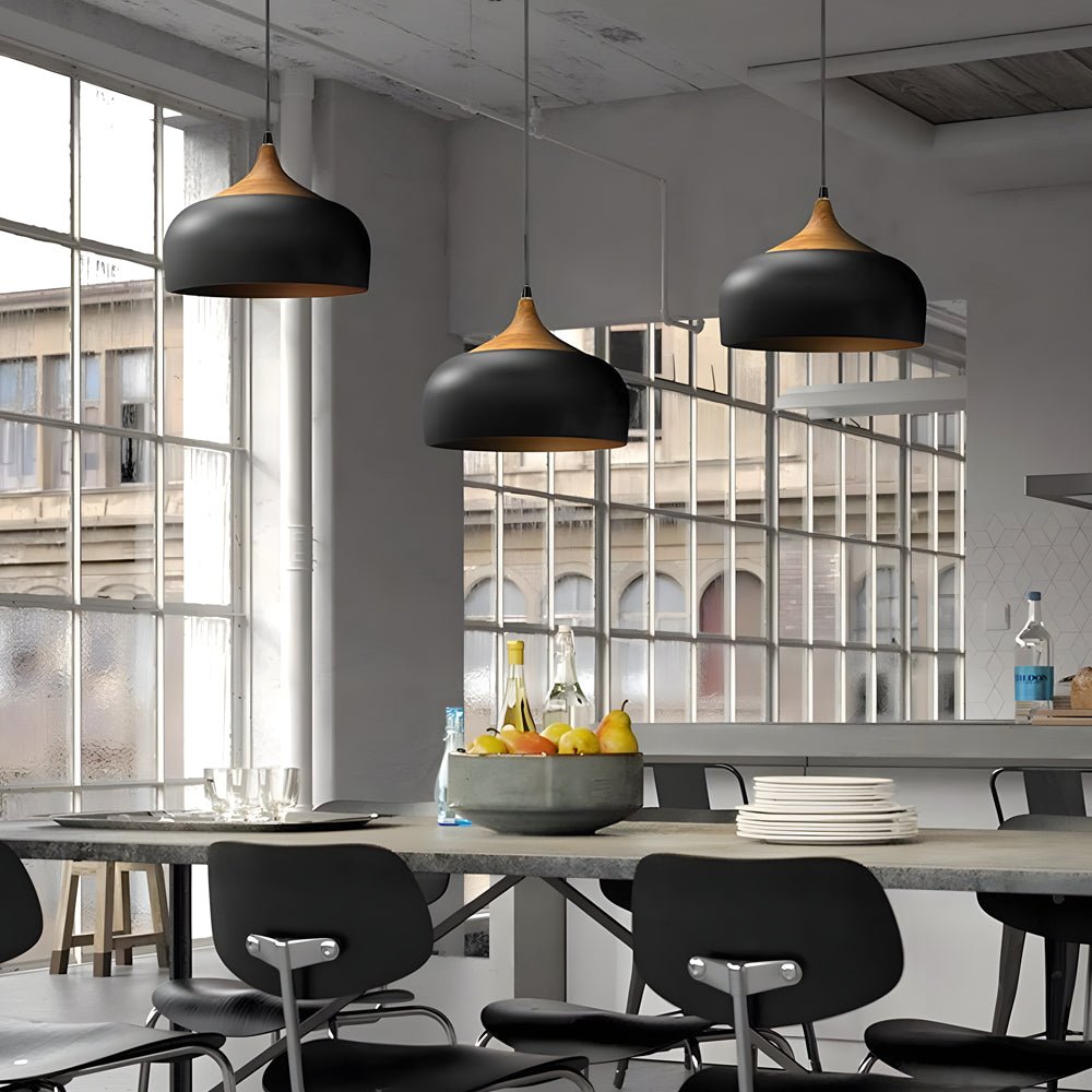 Dome Pendant Light with Wood Detail – Modern 1-Light Fixture