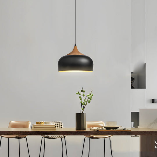 Dome Pendant Light with Wood Detail – Modern 1-Light Fixture