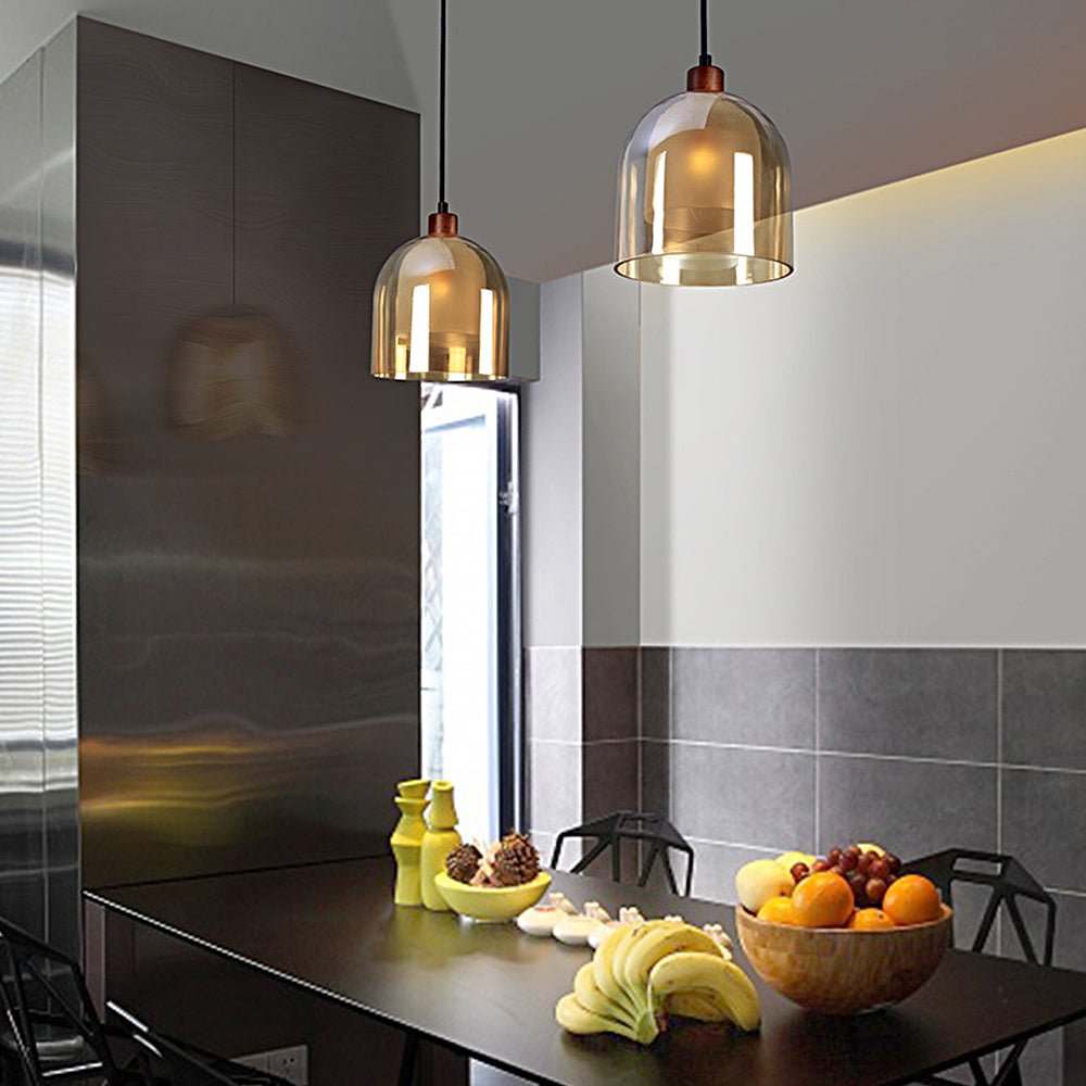 Double Glass Lampshade Creative Wood Brown Nordic Pendant Light Fixture