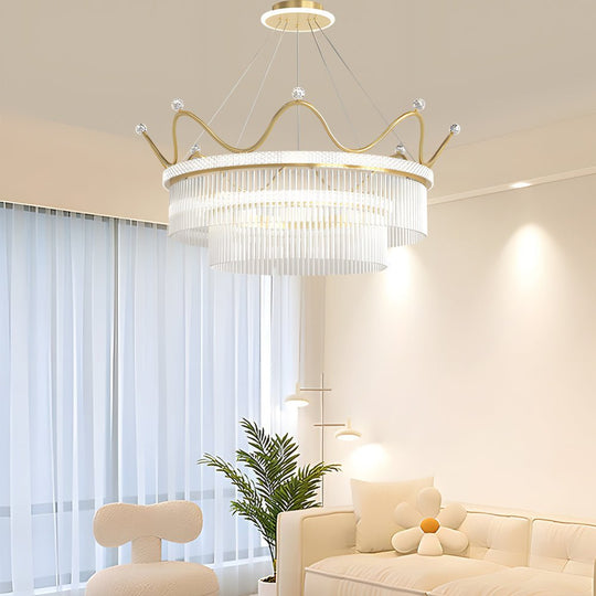 Double Layer Crystal Crown Chandelier with 3-Step Dimming