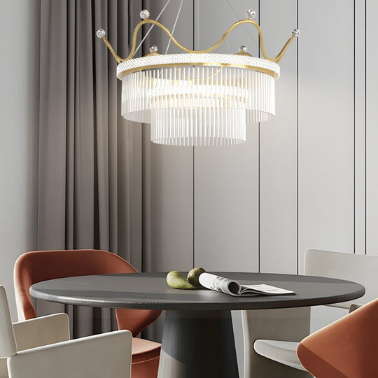 Double Layer Crystal Crown Chandelier with 3-Step Dimming