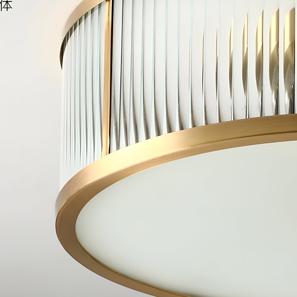 Drum Brass Flush Mount Ceiling Light with Ribbed Glass Shade