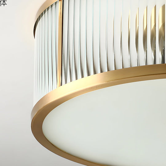 Drum Brass Flush Mount Ceiling Light with Ribbed Glass Shade