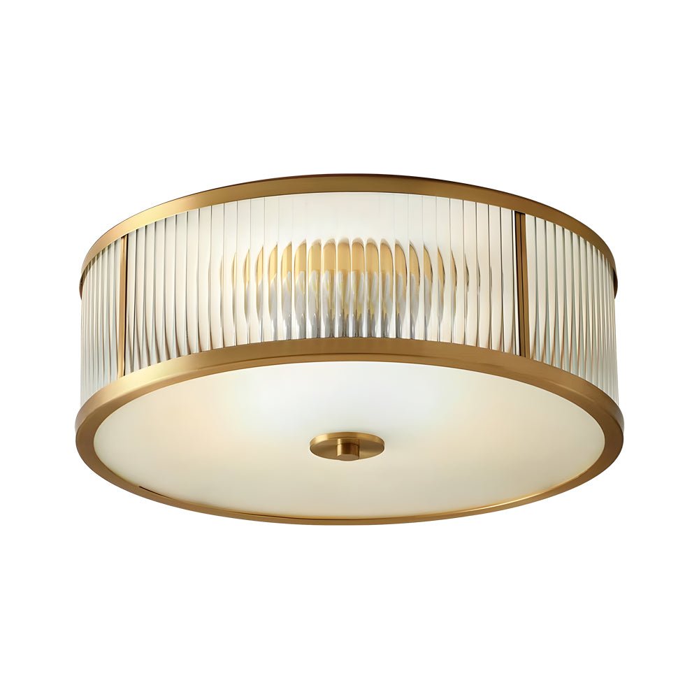 Drum Brass Flush Mount Ceiling Light with Ribbed Glass Shade