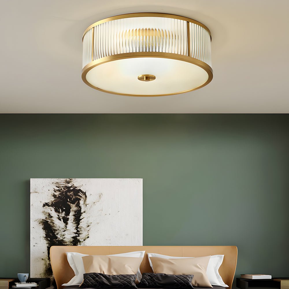 Drum Brass Flush Mount Ceiling Light with Ribbed Glass Shade