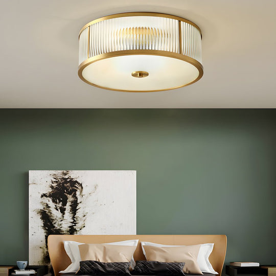 Drum Brass Flush Mount Ceiling Light with Ribbed Glass Shade
