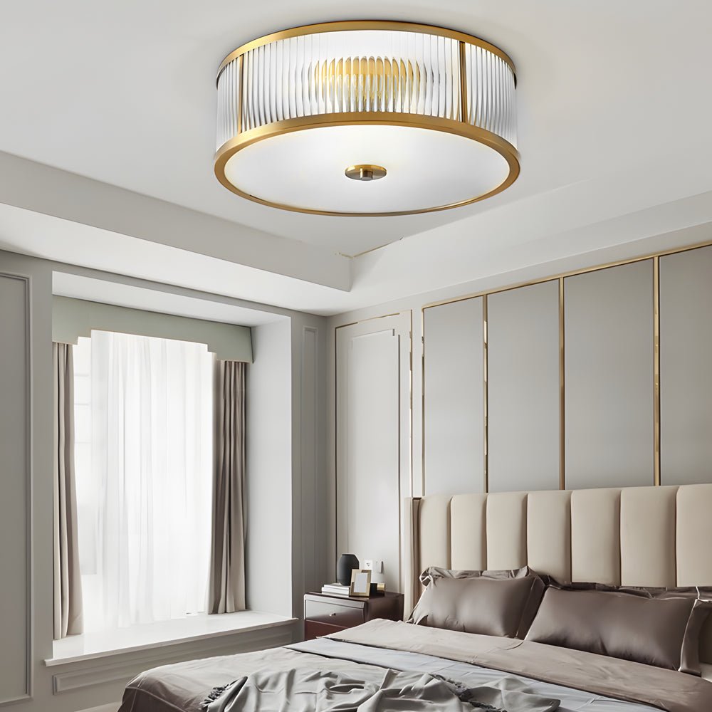 Drum Brass Flush Mount Ceiling Light with Ribbed Glass Shade