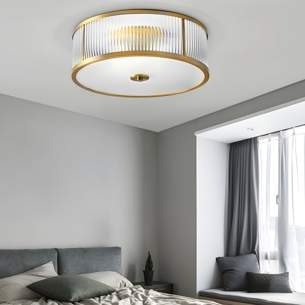 Drum Brass Flush Mount Ceiling Light with Ribbed Glass Shade