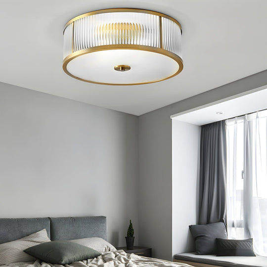 Drum Brass Flush Mount Ceiling Light with Ribbed Glass Shade