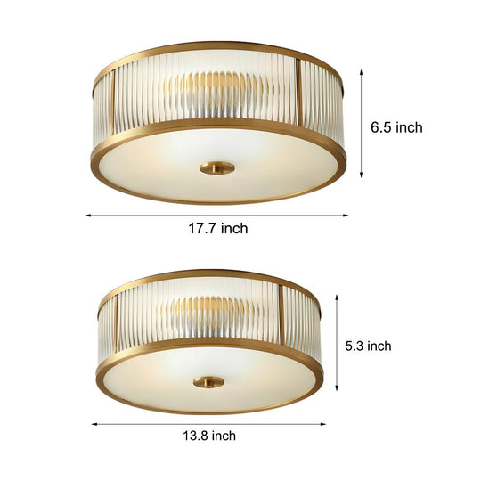 Drum Brass Flush Mount Ceiling Light with Ribbed Glass Shade