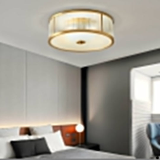 Drum Brass Flush Mount Ceiling Light with Ribbed Glass Shade