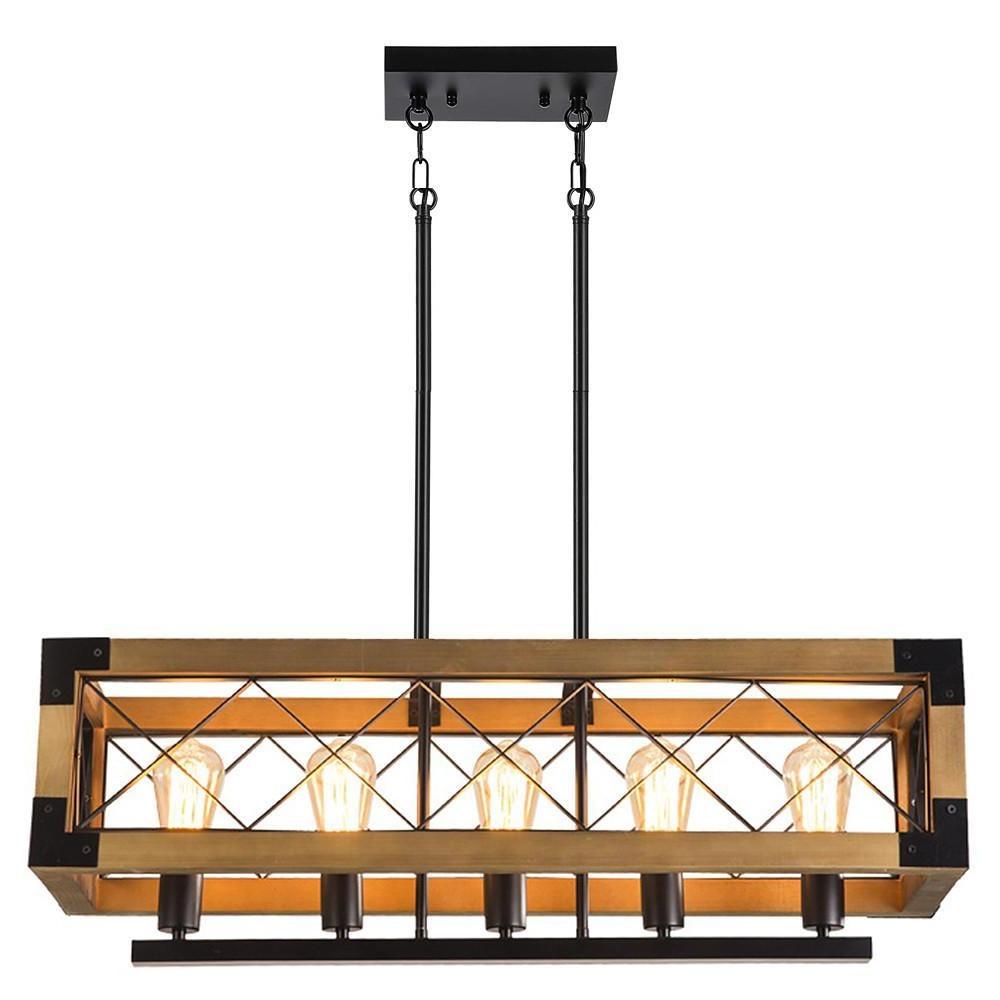 Rustic Industrial Linear Wood & Metal Chandelier