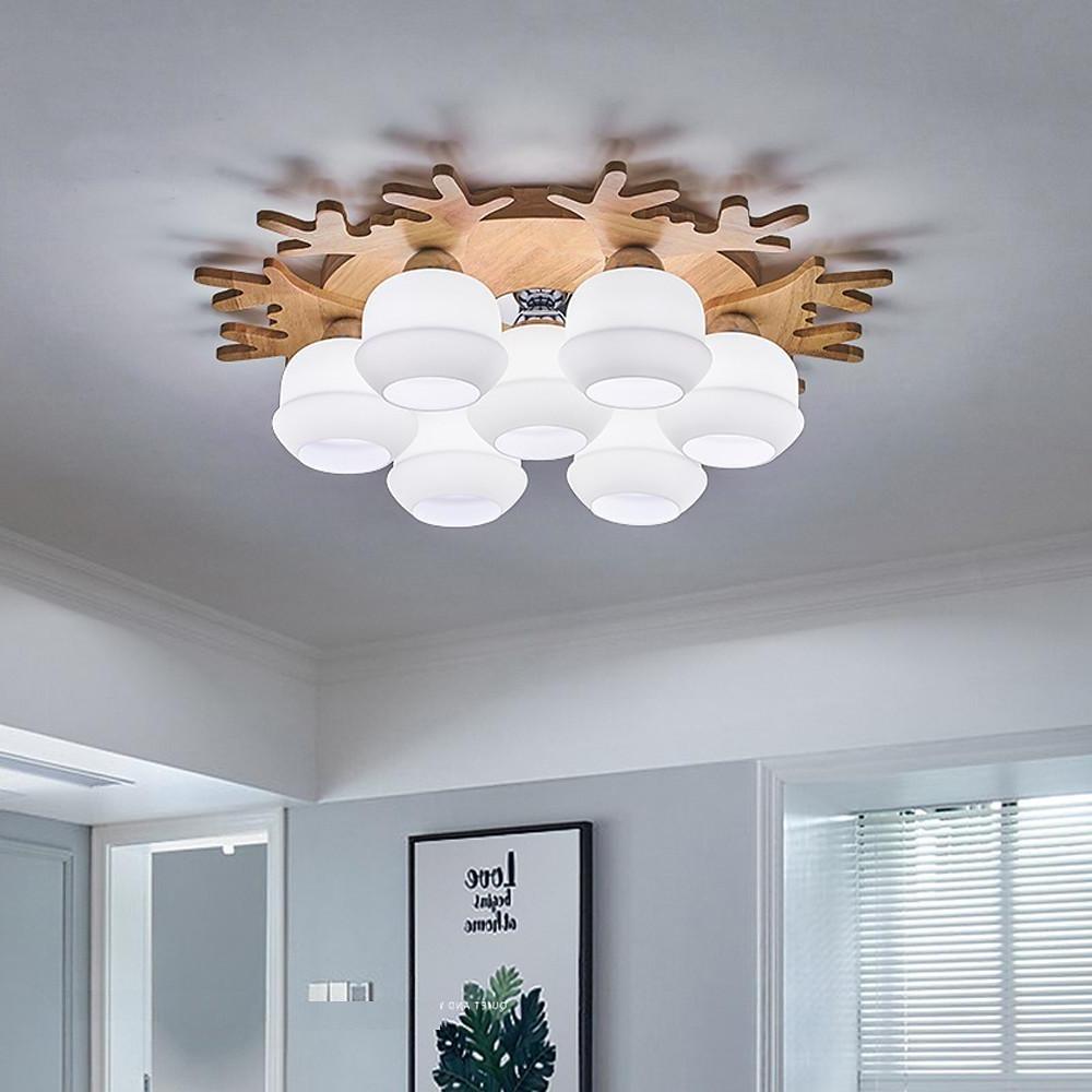 Globes Cluster Modern Wood Glass LED Flush Mount Ceiling Light